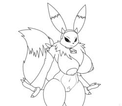 anthro breasts clothing cow_costume cowbell digimon digimon_(species) digital_media_(artwork) female genitals handwear horn monochrome nipples pussy randomobliquity_(artist) renamon simple_background thick_thighs white_background wide_hips