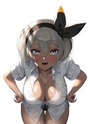 1girls bea_(pokemon) bent_over big_breasts blush breasts breasts_visible_through_clothing busty child_bearing_hips curvaceous curvy dark-skinned_female dark_skin exhibitionism eye_contact female female_only gray_eyes gray_hair greem_bang hands_on_hips hanging_breasts human human_only inviting large_breasts leaning_forward looking_at_viewer naked_shirt nintendo no_bra no_panties pokemon pokemon_ss seductive see-through solo solo_female suggestive thick_thighs thigh_gap voluptuous wet white_background wide_hips