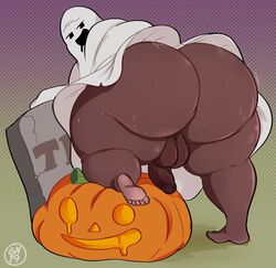 1boy barefoot big_ass big_balls big_penis chubby dark-skinned_femboy dark-skinned_male dark_skin fat_ass fat_man femboy flaccid gammanaut jack-o'-lantern large_ass looking_at_viewer looking_back male male_only original overweight overweight_male pac-man_eyes pumpkin solo solo_male sweat tagme thick_thighs tombstone wide_hips