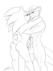 2020 anthro anthro_on_anthro ass balls blake_(cinnamonotter) bodily_fluids butt_grab duo erection eulipotyphlan fur genital_fluids genitals hand_on_butt hedgehog hi_res kissing lutrine male male/male mammal monochrome mustelid nude penis precum simple_background soina tongue vein veiny_penis whiskers white_background