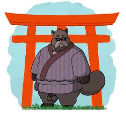 2009 anthro balls belly bennybeah canid canine clothing eyewear genitals glasses heisei_tanuki_gassen_ponpoko humanoid_hands low_res male male_only mammal overweight overweight_male penis pom_poko raccoon_dog robe solo studio_ghibli tanuki testicles