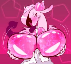 2017 ambrosine_(tentabat) anthro big_breasts blush bodily_fluids breasts cum cum_between_breasts cum_on_breasts dragon duo female genital_fluids genitals goo_creature horn huge_breasts male nipples non-mammal_breasts nude paizuri penis sex simple_background solo_focus sparkles straight tentabat