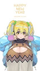 1girls blonde_hair chubby cleavage_cutout coat headphones huge_breasts looking_at_viewer loose_clothes super_pochaco sweater tsuji_santa twintails unzipped