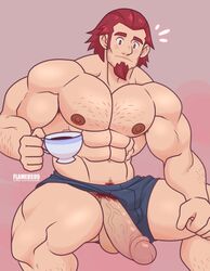 1boy armpit_hair balls bara erect facial_hair flameus99 goatee hairy hairy_chest hairy_male huge_cock huge_penis human humanoid_penis male male_only muscle muscular muscular_male nipple object penis_through_leghole red_hair solo_male tagme tea teacup thick_penis