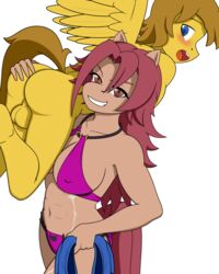 abs ass ass_grab balls blue_eyes breasts brown_hair carrying carrying_over_shoulder cleavage dickgirl evil_grin from_above furry futanari intersex kidnapping looking_at_viewer male muscular muscular_futanari nell_clearfield nude pegasus pony ponyecho raider red_hair scar stripped swimsuit tempest testicles wing_boner yellow_eyes