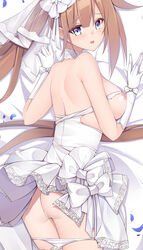 areolae blue_eyes breasts brown_hair daki-makura dakimakura fal_(girls'_frontline) girls'_frontline gloves looking_at_viewer nipples pussy uncensored wedding_dress wedding_veil