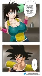 1girls bardock big_breasts black_eyes black_hair blush breast_expansion breasts dragon_ball dragon_ball_super female fran-hen741 gine huge_breasts light-skinned_female light_skin long_hair male milf mother nosebleed pseudocel psuedocel saiyan spiky_hair surprised