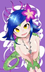 1girls abstract_background areolae bent_over blush body_markings breasts cleavage collarbone cute_fang dutch_angle female female_only flipped_hair flower freckles gloves_(marking) hair_flower hairless_pussy hands_on_knees humanoid large_breasts league_of_legends lizard_girl lizard_humanoid looking_at_viewer necklace neeko nipples nude open_smile oracle_lens purple_background purple_hair reptile_humanoid riot_games shiny_hair shiny_skin short_hair smile solo tail thigh_gap uncensored yellow_eyes