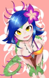 1girls abstract_background bent_over blush body_markings breasts cleavage clothed collarbone cute_fang dress dutch_angle female female_only flipped_hair flower freckles gloves_(marking) hair_flower hands_on_knees highres humanoid large_breasts league_of_legends lizard_girl lizard_humanoid looking_at_viewer necklace neeko off_shoulder open_smile oracle_lens pink_background purple_hair reptile_humanoid riot_games shiny_hair shiny_skin short_hair smile solo tail yellow_eyes