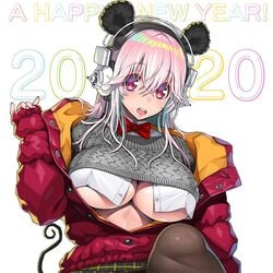 1girls animal_ears animal_tail bowtie coat headphones huge_breasts looking_at_viewer nipple_bulge pink_hair super_sonico sweater tsuji_santa unbuttoned