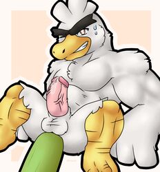 1boy altenusy animal_genitalia anthro anthrofied avian bara beak bird bodily_fluids cum digital_media_(artwork) erection eyebrows feather_tuft feathers food genital_fluids head_tuft leek male male_only monochrome nintendo nude onion penis plant pokémon_(species) pokemon pokemon_ss simple_background sirfetch'd solo source_request testicles thick_eyebrows tuft vegetable video_games white_body white_feathers