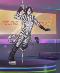 animal_genitalia anthro arcticlion balls clothed clothing dancing felid fur furniture genitals hi_res male male_only mammal pantherine pole pole_dancing sheath sofa solo tau_switchblade tiger topless white_body white_fur