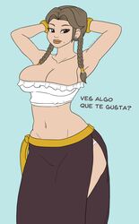 1girls athorment athorment_oc big_breasts braided_hair braided_twintails brown_eyes brown_hair brown_skin caption cleavage ear_piercing looking_at_viewer mole mole_under_mouth paloma_(athorment) pinup twin_braids twintails wide_hips