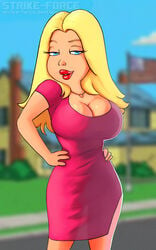 1girls alternate_breast_size american_dad artist_name bedroom_eyes big_breasts blonde_hair blue_eyes cleavage collar detailed_background deviantart_username female female_only francine_smith hands_on_hips huge_breasts large_breasts long_hair milf mother necklace pale-skinned_female plump_lips red_lipstick seductive seductive_look skimpy solo straight_hair strike-force thick_lips thick_thighs thigh_gap thighs wide_hips