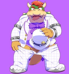 2017 anthro barely_visible_genitalia barely_visible_penis belly blush bodily_fluids bottomwear bowser clothing drooling genitals humanoid_hands kemono koopa male male_only mario_(series) nintendo overweight overweight_male pants penis penta002 saliva scalie shirt simple_background super_mario_odyssey tongue tongue_out topwear video_games