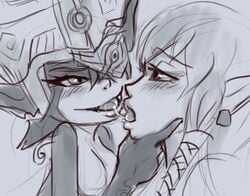 2girls after_kiss blush french_kiss fused_shadow imp_midna kissing midna monochrome nintendo princess_zelda saliva the_legend_of_zelda the_legend_of_zelda:_twilight_princess tongue tongue_kiss tongue_out twilight_princess ungulatr yuri zelda_(twilight_princess)