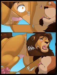 absurd_res balls blush comic deanka digital_media_(artwork) disney felid feline feral gay genitals hi_res incest lion male male/male male_only mammal pantherine penis royalty story the_lion_king tongue tongue_out yaoi