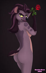 2016 anthro anthrofied ass blue_eyes breasts disney female flower gloves_(marking) hair hand_on_head hi_res hyaenid jasiri_(tlg) looking_at_viewer looking_back mammal markings nude open_mouth plant pose quarko-muon rose_(flower) side_boob simple_background solo spotted_hyena the_lion_guard the_lion_king yellow_sclera young