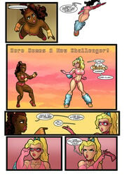 2girls anarchy big_breasts blonde_hair blue_eyes brown_eyes choker cleavage comic coxville_stories dark-skinned_female earrings female female_only fighting_stance gloves hero_tales kitty_summers light-skinned_female makeup mask ponytail rabies-t-lagomorph red_hair tight_clothes voluptuous