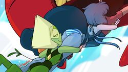 2girls arms_around_legs ass blonde_hair blue_hair blue_skin blue_striped_panties blush blushmallet cartoon_network gem_(species) green_skin holding_on lapis_lazuli_(steven_universe) looking_at_viewer peridot_(steven_universe) sky spaceship steven_quartz_universe steven_universe striped_panties upskirt wind_lift