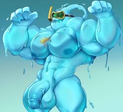 2019 abs armpits bara barazoku big_muscles blue_body blue_penis blue_testicles demondragoncyan fish gasaiv genitals glans goo_creature highres huge_muscles humanoid humanoid_genitalia humanoid_penis league_of_legends male male_only marine muscular muscular_male nipples open_mouth pecs penis pool_party_series pool_party_zac riot_games simple_background snorkel solo standing testicles vein veiny_penis zac