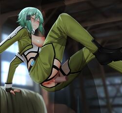 asada_shino blue_hair breasts censored exposed_breasts eyes_closed female ginhaha gun_gale_online mosaic_censoring pussy sex sinon sword_art_online vaginal_penetration