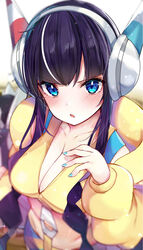 1girls absurdres alternate_breast_size belly black_hair blue_eyes blue_nails blush breasts cleavage coat elesa_(pokemon) elesa_(pokemon_bw2) eye_contact eyebrows_visible_through_hair female_only gym_leader headphones highres human_only large_breasts long_hair long_sleeves looking_at_viewer midriff nail_polish navel nintendo open_mouth pokémon_(species) pokemon pokemon_bw pokemon_bw2 rouka_(akatyann) solo tagme tongue twintails white_background