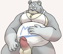 2020 alfredblaze animal_crossing anthro balls belly blush clothing curt_(animal_crossing) erection genitals hi_res humanoid_genitalia humanoid_hands humanoid_penis male male_only mammal nintendo overweight penis shirt simple_background solo topwear ursid video_games