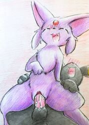 1boy 1girls 3_toes big_ears black_body black_fur black_nose blush bodily_fluids canine chest_tuft clitoris closed_eyes colored_pencil_(artwork) cum cum_in_pussy cum_inside duo ears_up eeveelution eiroru espeon feet feline female female_on_top feral feral_on_feral fur furry genital_fluids hi_res impregnation interspecies long_ears male markings nintendo on_top open_mouth paws penis pokémon_(species) pokemon pokemon_(species) pokemon_gsc purple_body purple_fur pussy sex sketch smile snout stripes testicles thick_thighs toes tongue traditional_media_(artwork) tuft umbreon video_games yellow_fur yellow_markings