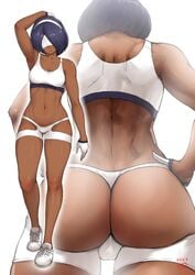 1girls abs alternate_color alternate_outfit armpits ass black_hair blindfold breasts dark-skinned_female dark_skin finalcake muscular muscular_female nier nier:_automata panties short_hair small_panties solo sports_bra t-back_spats text thick_thighs thigh_gap white_panties wide_hips yorha_2p