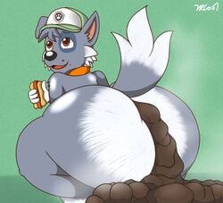 anthro ass big_butt black_nose canid canine canis clothing collar domestic_dog feces food fur furry grey_body grey_fur hat headgear headwear hi_res hot_dog huge_butt mammal open_mouth paw_patrol rex100 rocky_(paw_patrol) scat what