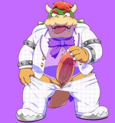 2017 anthro belly blush bodily_fluids bottomwear bowser clothing drooling erection genitals humanoid_genitalia humanoid_hands humanoid_penis kemono koopa male male_only mario_(series) nintendo overweight overweight_male pants penis penta002 saliva scalie shirt simple_background super_mario_odyssey tongue tongue_out topwear video_games