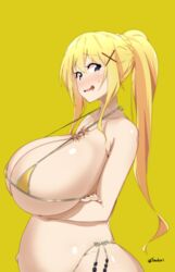 arm_under_breasts artist_name bare_shoulders beach bikini blonde_hair blue_eyes blush bow breasts clavicle cleavage cowboy_shot crossed_arms darkness_(konosuba) female gigantic_breasts hair_ornament hairclip high_resolution huge_breasts kono_subarashii_sekai_ni_shukufuku_wo! long_hair looking_at_viewer navel ponytail pregnant ready_to_pop side-tie_bikini sideboob simple_background smile solo swimsuit third-party_edit tied_hair toudori twitter_username underboob x_hair_ornament yellow_background yellow_bikini yellow_bikini_bottom yellow_bikini_top yellow_bow yellow_swimsuit