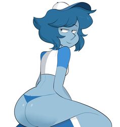 1girls ass baseball_cap baseball_shirt big_ass blue_hair blue_panties blue_skin female gem_(species) half-dressed lapis_lazuli_(bob) lapis_lazuli_(gem) lapis_lazuli_(steven_universe) looking_back mochakitkat partially_clothed sitting smile socks solo steven_universe thong thong_panties