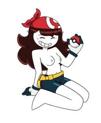 1girls 4_fingers bag bandana barefoot belt bike_shorts bottomwear breasts brown_hair casual casual_nudity casual_topless closed_eyes clothes clothing cosplay feet female female_only footwear gloves grin handwear headwear human jaiden jaiden_animations kneeling may_(pokemon)_(cosplay) nintendo nipples pale_skin poke_ball pokeball pokemon pokemon_rse pose shorts smile solo source_request stickman teeth thrumbo topless white_background youtube youtuber