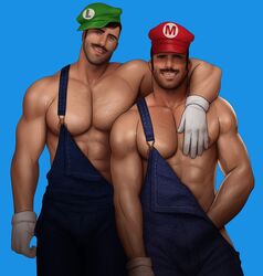 2boys 5_fingers abs areola areola_peek areola_slip areolae arm_around_neck arm_around_partner armpit_hair armpit_hair_peek armpit_peek bara biceps big_muscles big_pecs blue_background blue_eyes blue_overalls body_hair brothers brown_hair busty cap cheeky chest_hair clavicle clothing color dark_hair denim_clothing denim_overalls digital_media_(artwork) drawnpr0n emblem erection_under_clothes facial_hair feet_out_of_frame front_view gay gloves green_cap green_hat green_headwear grin hand_on_chest hand_on_pecs hand_under_clothes handwear happy_trail hat head_tilt headgear height_difference holding_penis human human_only implied_masturbation incest initials large_pectorals light-skinned_male light_skin looking_at_viewer luigi male male_focus male_only mario mario_(series) mostly_clothed moustache multiple_boys muscles muscular muscular_male nintendo nipple_peek nipples overalls overalls_aside overalls_only pants_pull partially_clothed pecs plain_background red_cap red_hat red_headwear revealing_clothes shiny_skin shirtless siblings sideburns simple_background smile soul_patch standing stubble symbol teeth vein veins veiny_muscles white_gloves white_handwear yaoi