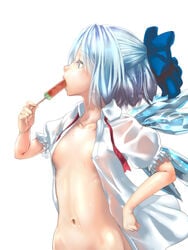 axe_r18 belly belly_button blue_eyes blue_hair cirno cute erect_nipples jubakurei nipples_covered nipples_visible_through_clothing oral oral_insinuation popsicle small_breasts suggestive_food tagme touhou wet