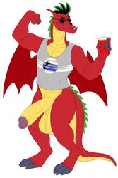 american_dragon:_jake_long balls bottomless clothed clothing disney dragon eyewear flexing genitals hi_res humanoid_genitalia humanoid_penis jake_long male male_only penis red_solo_cup shadowpelt solo sunglasses wings