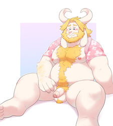 2020 anthro asgore_dreemurr balls belly blush boss_monster bovid caprine clothing flaccid fur genitals humanoid_genitalia humanoid_hands humanoid_penis male male_only mammal moobs nipples o-ro overweight overweight_male penis shirt simple_background sitting solo topwear undertale video_games white_body white_fur