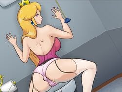 1girls ass blonde_hair breasts buttplug crown earrings female female_only futa_quest futabox indoors lingerie looking_back princess_(futa_quest) royalty solo stockings toilet