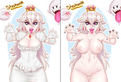 1girls 2020 2others 5_fingers ambiguous_gender big_breasts boo_(mario) boosette breasts busty claws cleavage clothed clothing crown curvaceous curvy dress dressed erect_nipples eyebrows eyelashes eyeliner female female_focus ghost ghost_girl gloves hands_on_face hourglass_figure humanoid humanoid_hands humanoid_pussy lipstick long_hair looking_at_viewer luigi's_mansion makeup mario_(series) mascara monster_girl navel new_super_mario_bros._u_deluxe nintendo nipples nude pale-skinned_female pale_skin pinup pose posing purple_eyes purple_lipstick pussy saliva saliva_drip scared shaved_pussy simple_background skirt spirit standing stephen49 super_crown thick_thighs tongue tongue_out twitter vagina voluptuous white_background white_hair wide_hips