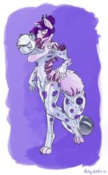 2020 anthro blush character_request clothing gag gagged girly hair hi_res living_latex male mammal peskybatfish purple_hair rubber rubber_suit solo species_request spots suit_transformation transformation