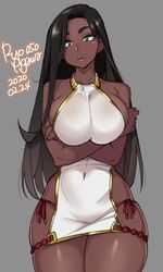 1girls 2020 big_breasts breasts cleavage dark-skinned_female dark_skin dated eye_contact female female_only hair_over_one_eye half-closed_eyes large_breasts looking_at_viewer ryo_agawa solo text thick_thighs watermark wide_hips