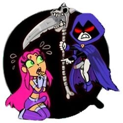 2futas alien bulge cartoon_network dc dc_comics erection erection_under_clothes futa_only futanari green_eyes humanoid intersex orange_skin outerwear penis penis_under_clothes penis_under_skirt rachel_roth raven_(dc) red_hair scythe shadman starfire tamaranean teen_titans teen_titans_go weapon