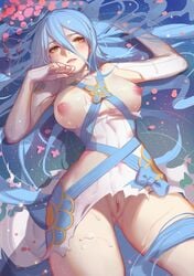 1girls azura_(fire_emblem) blue_hair blush breasts breasts_out clothed clothes female female_focus female_only fire_emblem fire_emblem_fates gloves kyomon long_hair looking_at_viewer lying_down petals princess pussy royalty solo solo_female solo_focus songjikyo water yellow_eyes