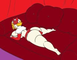 alora_(oc) artist_request ass big_ass big_breasts blonde_hair colored commission couch covering_eyes curtains hat loincloth looking_at_viewer lying_on_stomach mature_female nipple_covers original pink_lipstick pussy_peek seductive thick_thighs wide_hips