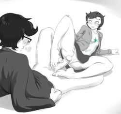 1boy 1girls 2020 barefoot black_hair blush clothing feet female foot_fetish foot_focus footjob glasses hiveswap incest joey_claire jude_harley ms_paint_adventures panties penis precum pubic_hair short_hair soles staerk sweat toes upskirt white_background white_skin