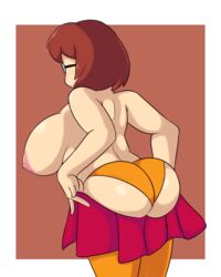 1girls alternate_breast_size ass back big_breasts breasts_bigger_than_head brown_hair female female_only freckles glasses hanna-barbera huge_ass huge_breasts iggy-bomb large_ass nipples panties scooby-doo simple_background skirt skirt_pull socks solo source_request thick_thighs velma_dinkley