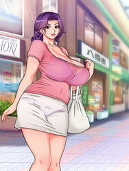 1girls bag blouse curvaceous curvy gaden huge_breasts large_breasts lipstick mature mature_female milf mole outdoors purple_hair red_eyes skirt thick_thighs wedding_ring