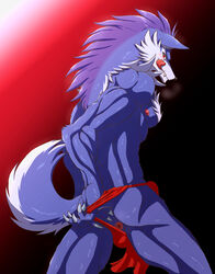 anthro anus ass broken_(artist) bulge canid canine canis clothed clothing clothing_aside fur hi_res looking_at_viewer male male_only mammal nipples presenting presenting_anus red_clothing red_eyes solo tongue tongue_out topless wolf